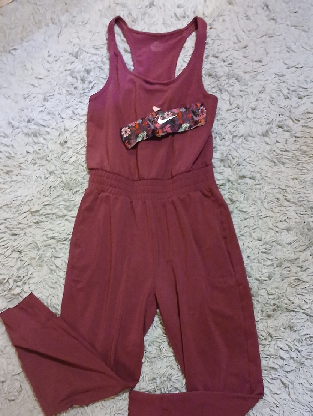 Sleeveless Wine-Colored Racerback NIKE Jumpsuit with Matching Headband
